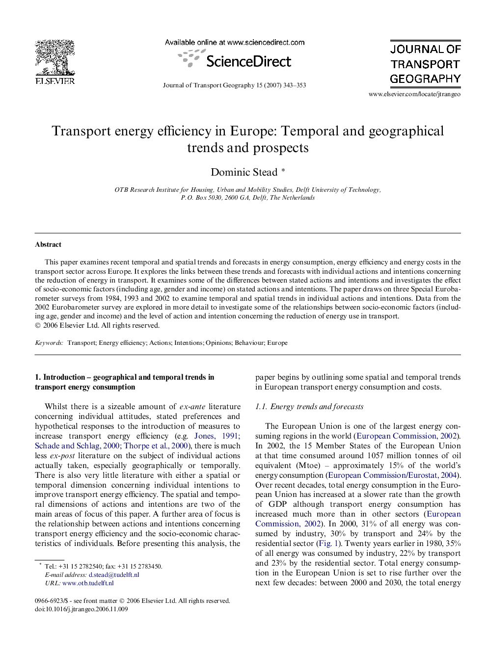 Transport energy efficiency in Europe: Temporal and geographical trends and prospects