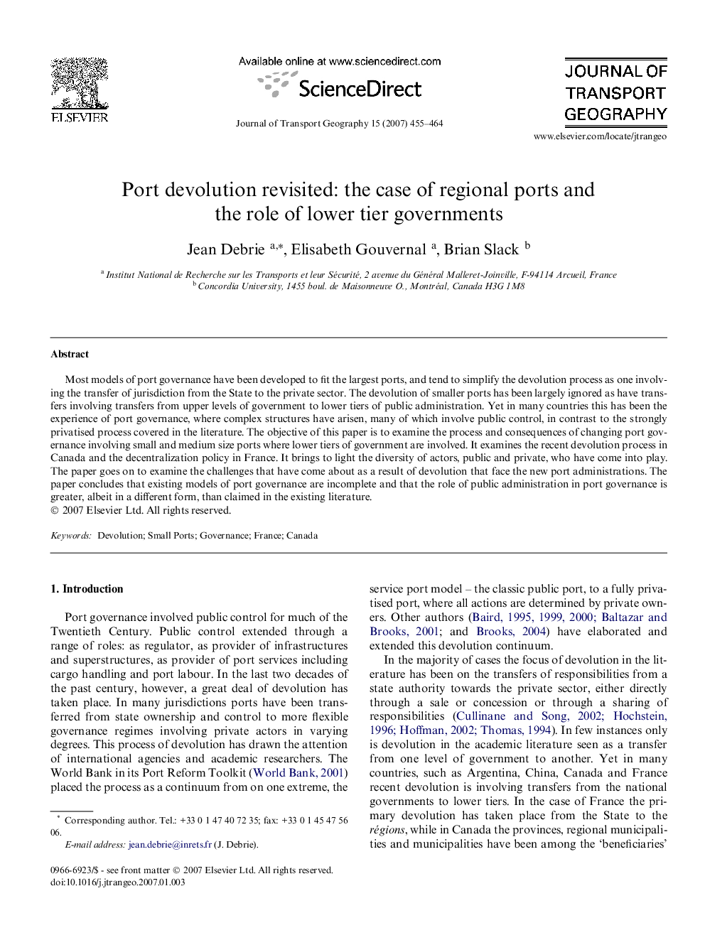 Port devolution revisited: the case of regional ports and the role of lower tier governments