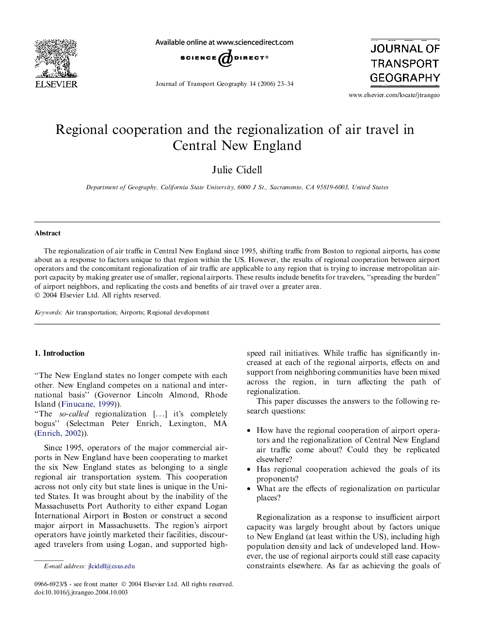 Regional cooperation and the regionalization of air travel in Central New England