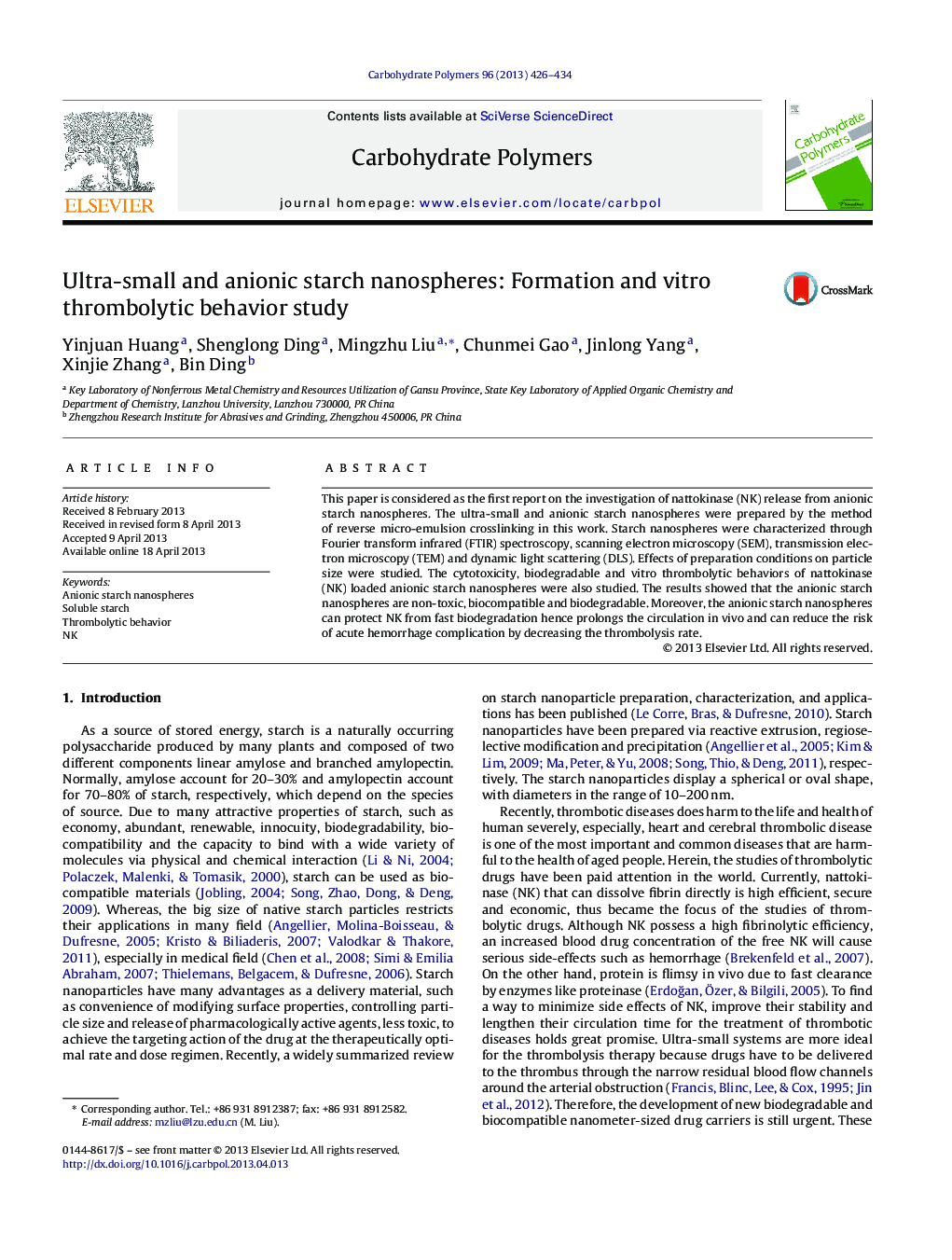 Ultra-small and anionic starch nanospheres: Formation and vitro thrombolytic behavior study