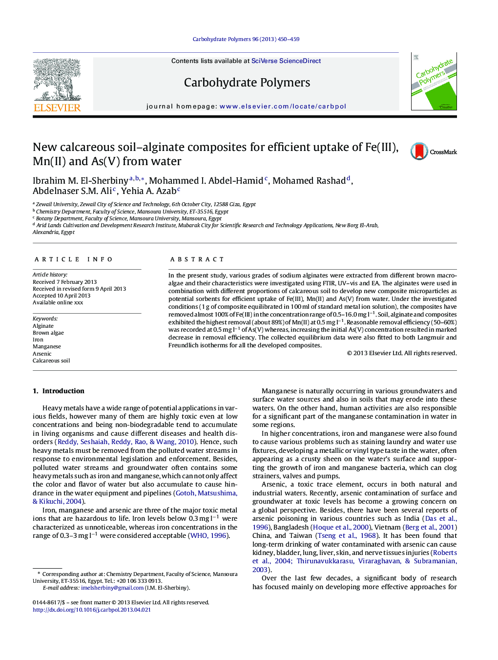 New calcareous soil-alginate composites for efficient uptake of Fe(III), Mn(II) and As(V) from water