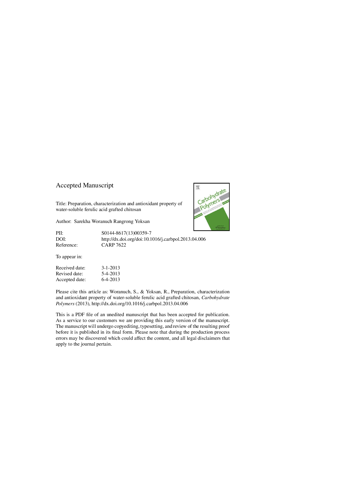 Preparation, characterization and antioxidant property of water-soluble ferulic acid grafted chitosan