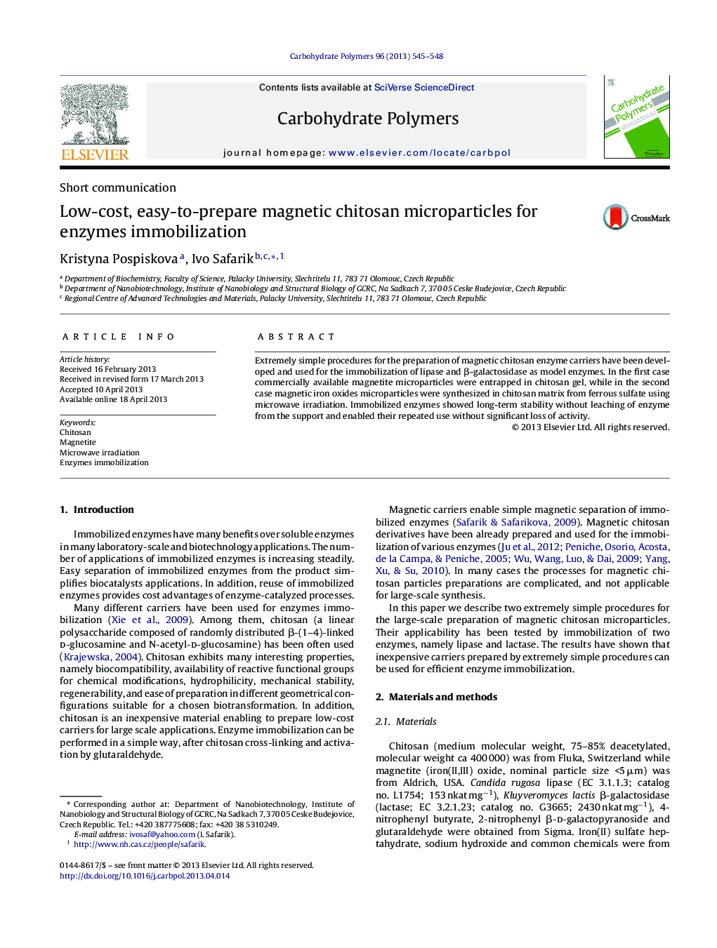 Low-cost, easy-to-prepare magnetic chitosan microparticles for enzymes immobilization