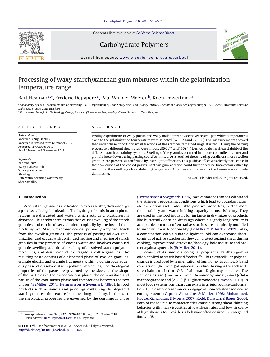 Processing of waxy starch/xanthan gum mixtures within the gelatinization temperature range