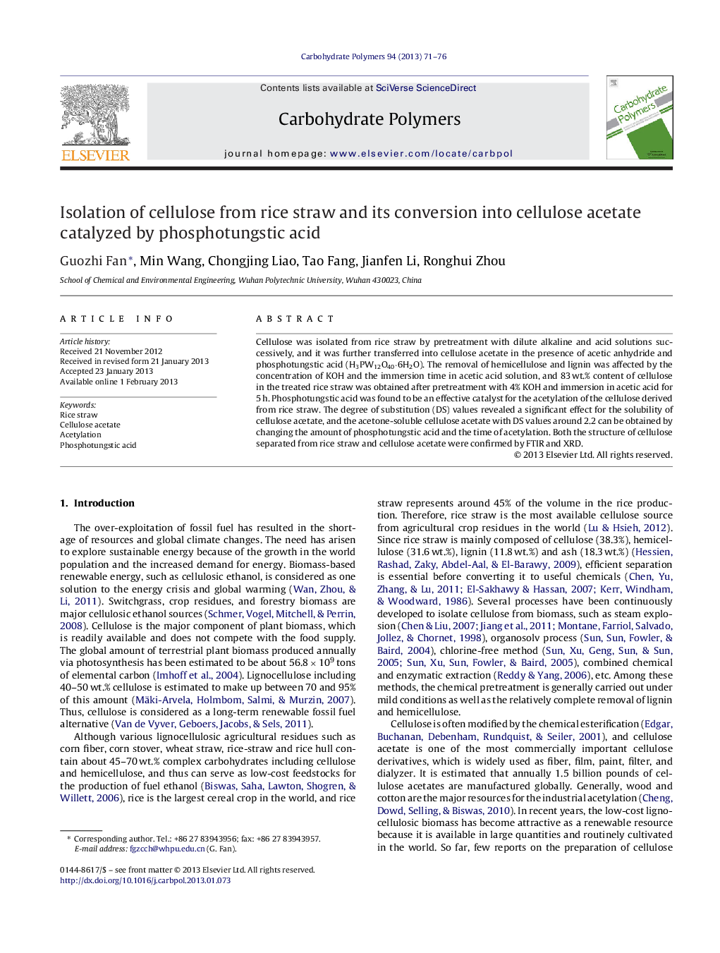 Isolation of cellulose from rice straw and its conversion into cellulose acetate catalyzed by phosphotungstic acid