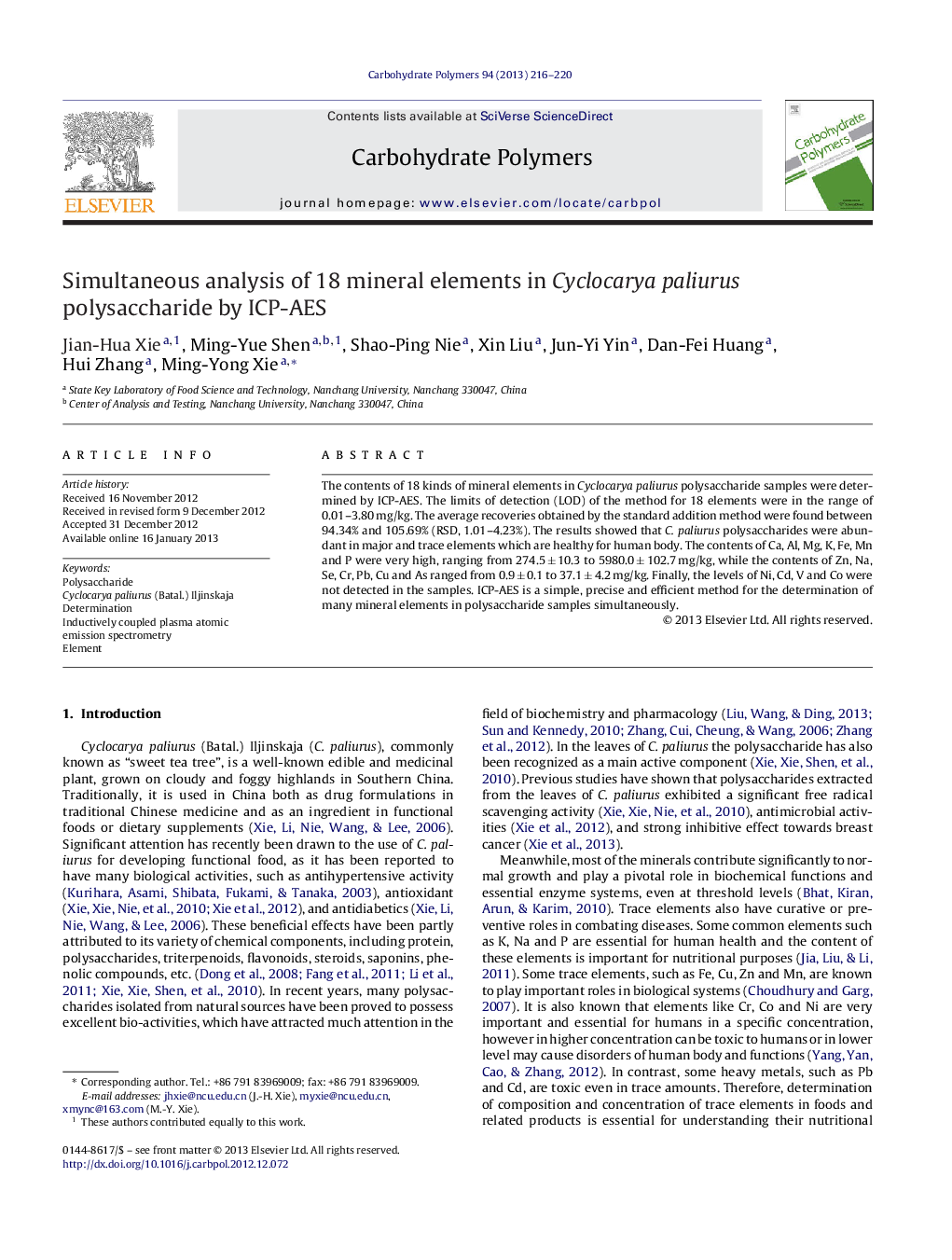 Simultaneous analysis of 18 mineral elements in Cyclocarya paliurus polysaccharide by ICP-AES