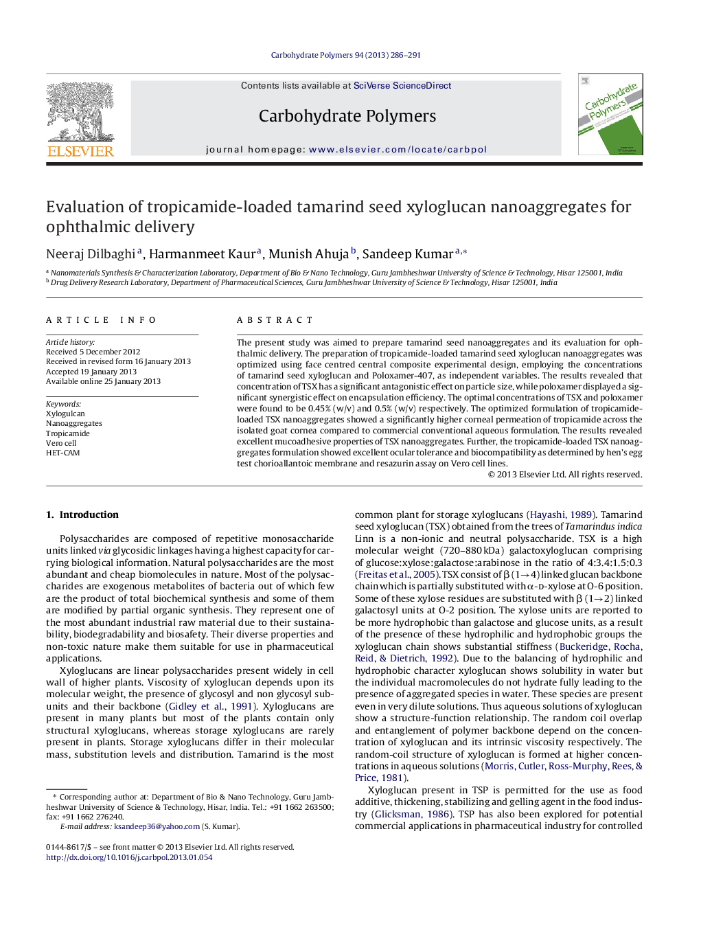 Evaluation of tropicamide-loaded tamarind seed xyloglucan nanoaggregates for ophthalmic delivery