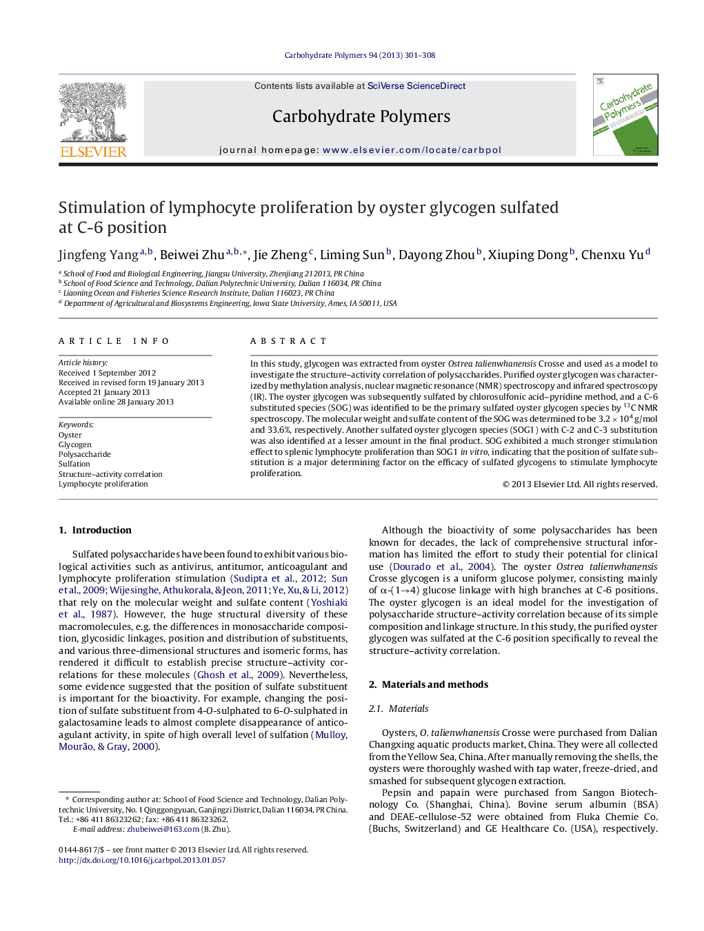 Stimulation of lymphocyte proliferation by oyster glycogen sulfated at C-6 position