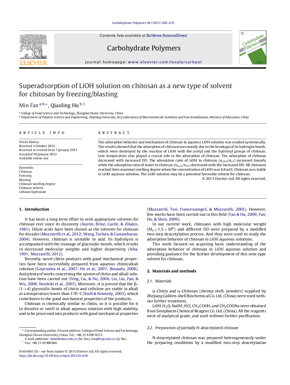 Superadsorption of LiOH solution on chitosan as a new type of solvent for chitosan by freezing/blasting