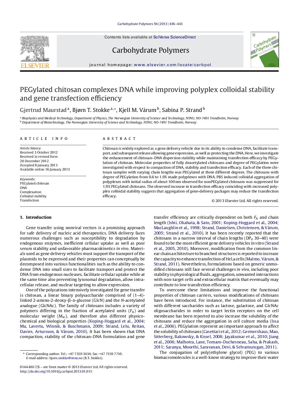 PEGylated chitosan complexes DNA while improving polyplex colloidal stability and gene transfection efficiency