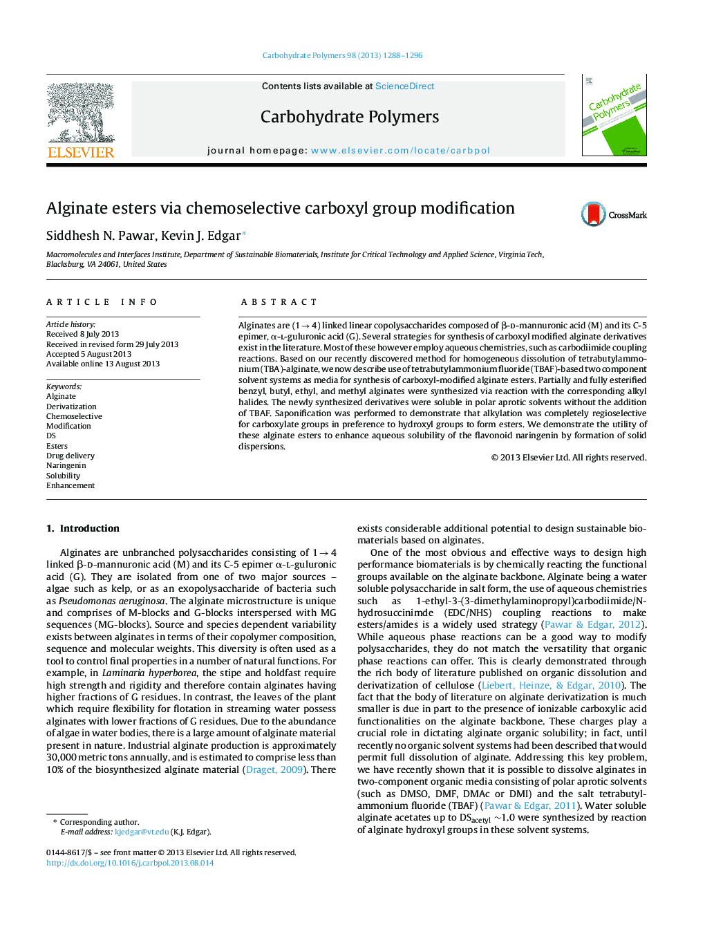 Alginate esters via chemoselective carboxyl group modification