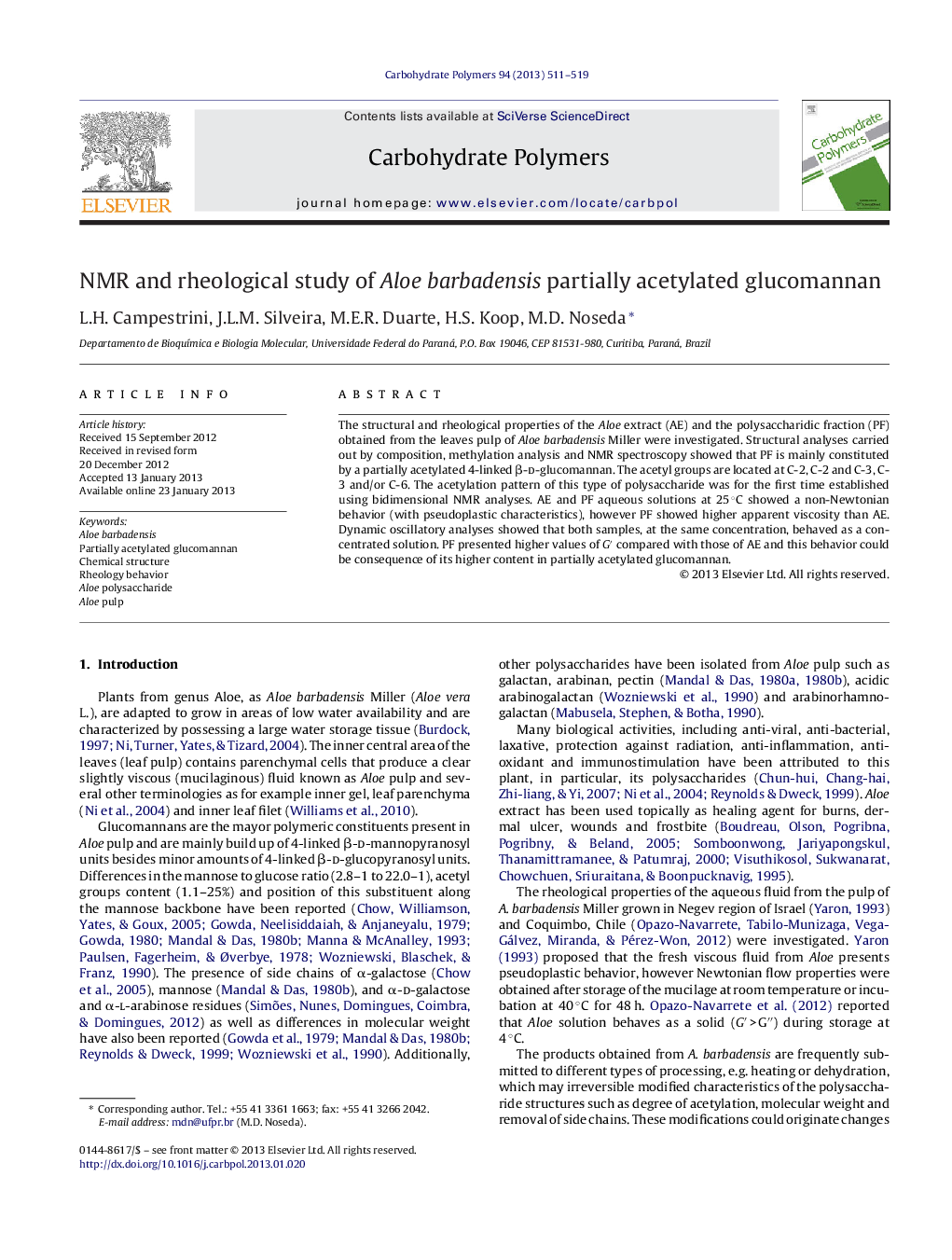 NMR and rheological study of Aloe barbadensis partially acetylated glucomannan