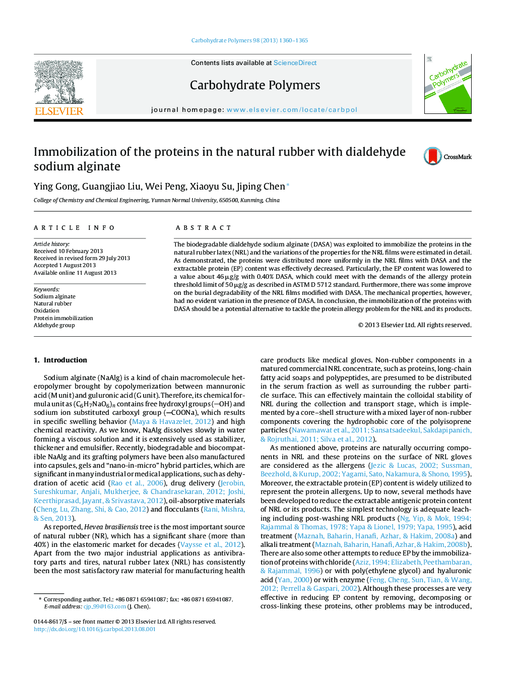 Immobilization of the proteins in the natural rubber with dialdehyde sodium alginate