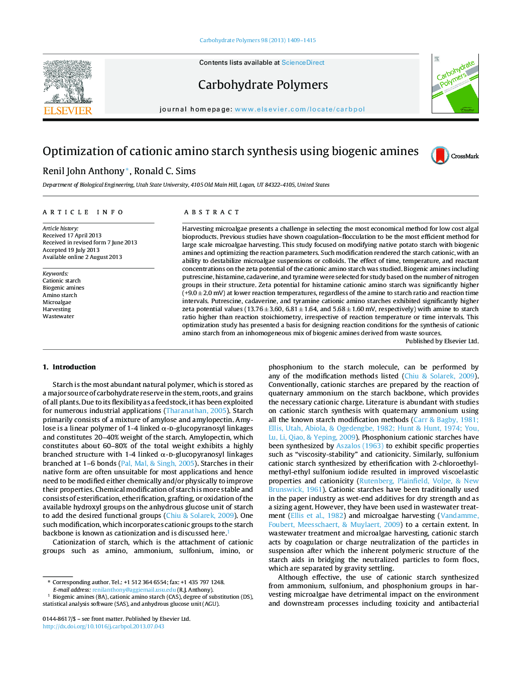 Optimization of cationic amino starch synthesis using biogenic amines