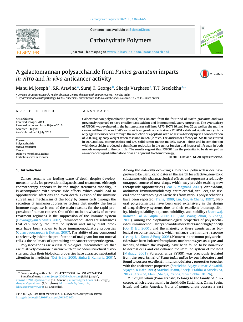 A galactomannan polysaccharide from Punica granatum imparts in vitro and in vivo anticancer activity