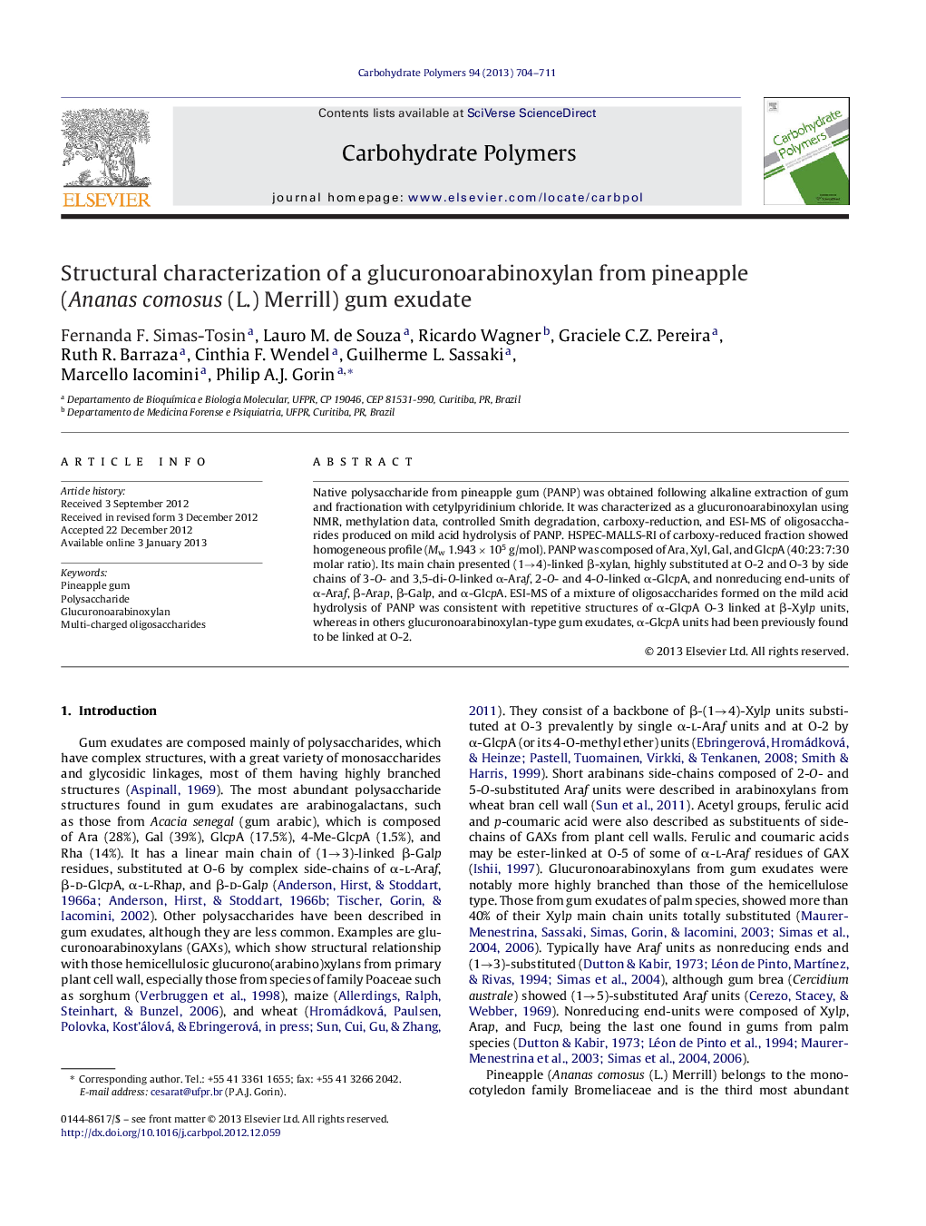 Structural characterization of a glucuronoarabinoxylan from pineapple (Ananas comosus (L.) Merrill) gum exudate