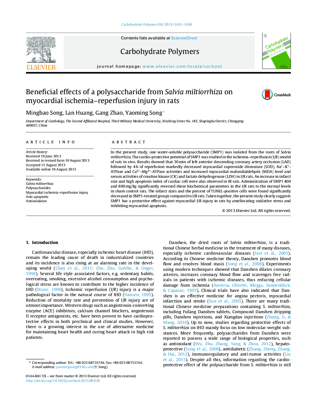 Beneficial effects of a polysaccharide from Salvia miltiorrhiza on myocardial ischemia-reperfusion injury in rats