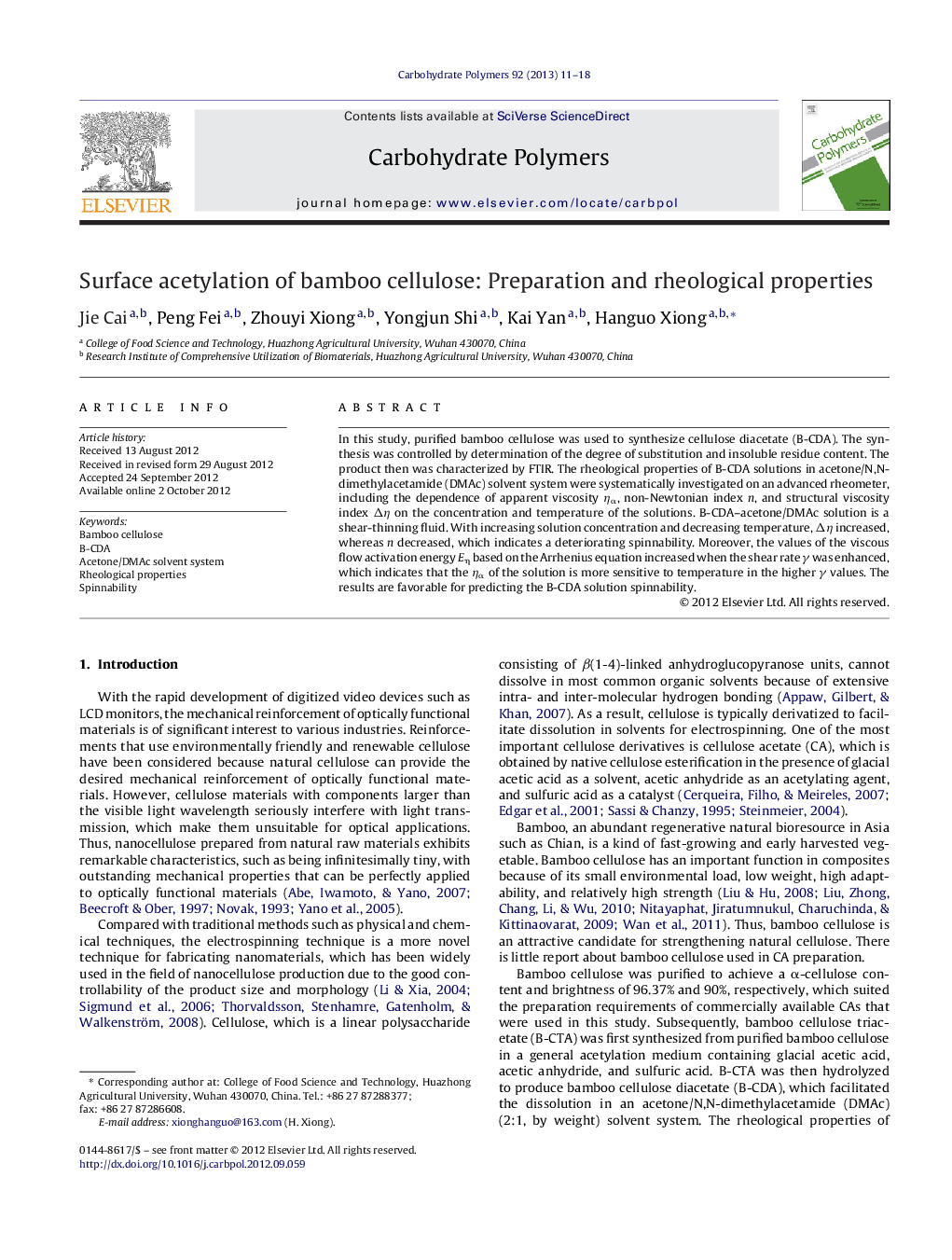 Surface acetylation of bamboo cellulose: Preparation and rheological properties