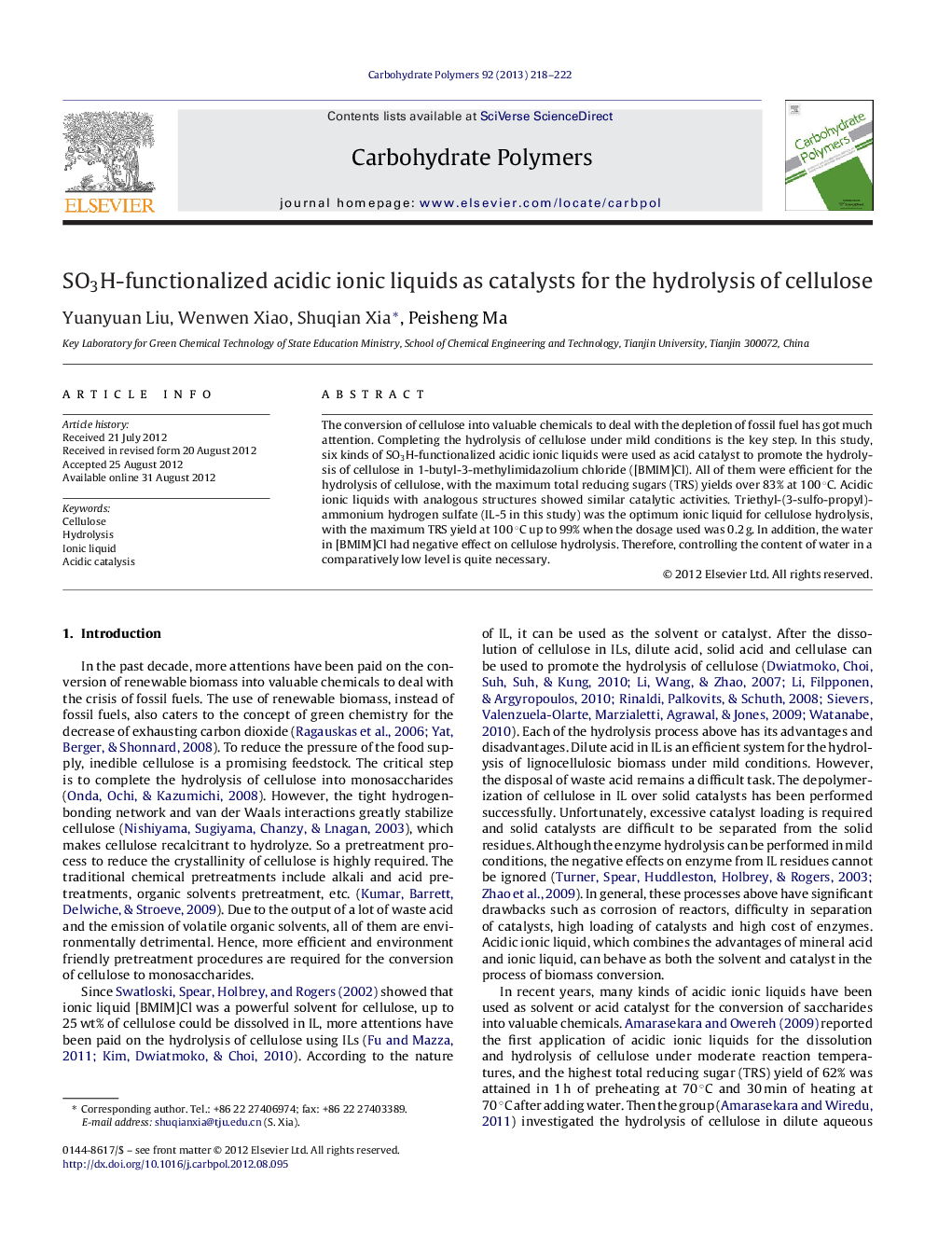 SO3H-functionalized acidic ionic liquids as catalysts for the hydrolysis of cellulose