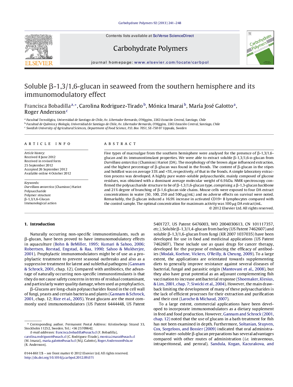 Soluble Î²-1,3/1,6-glucan in seaweed from the southern hemisphere and its immunomodulatory effect