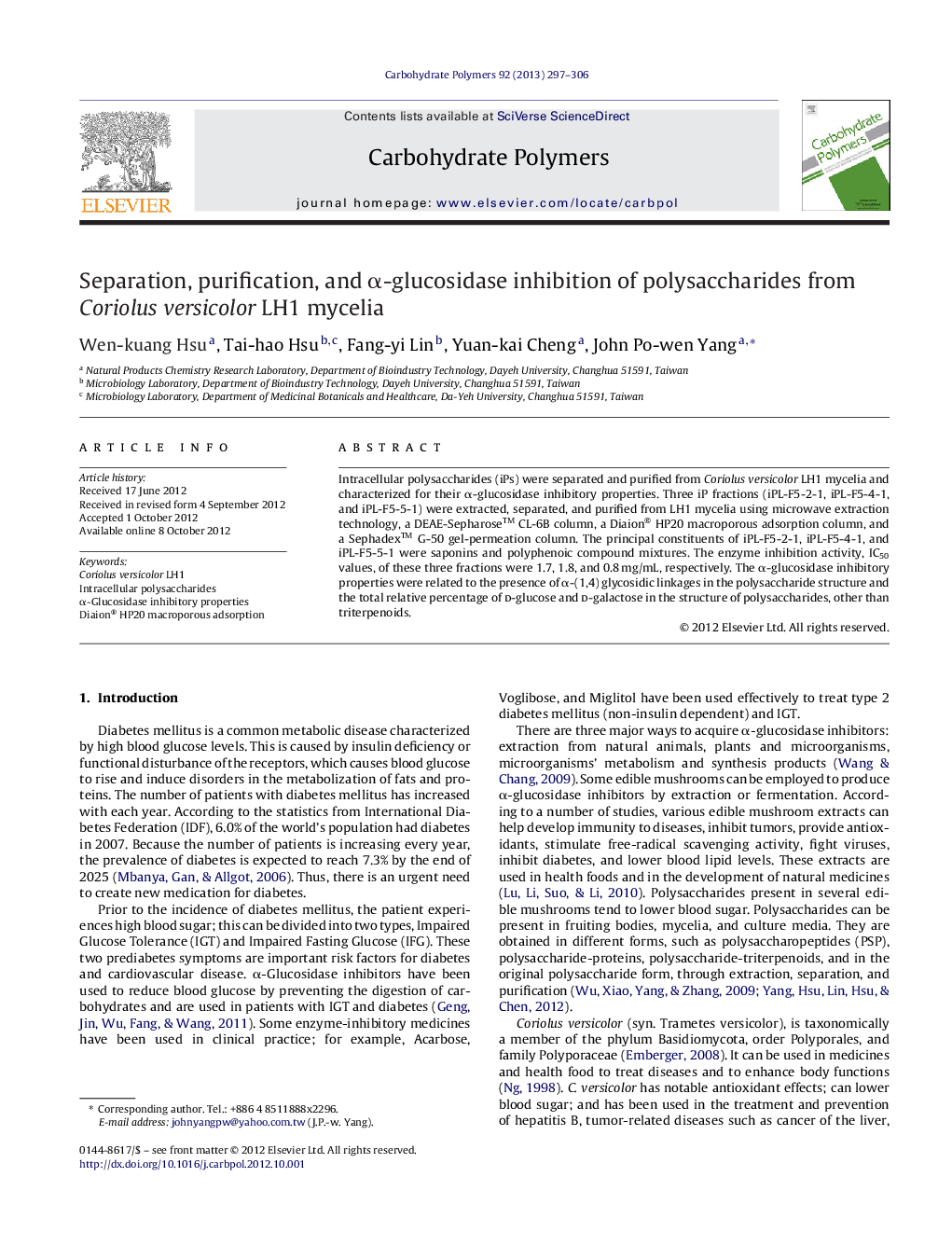 Separation, purification, and Î±-glucosidase inhibition of polysaccharides from Coriolus versicolor LH1 mycelia