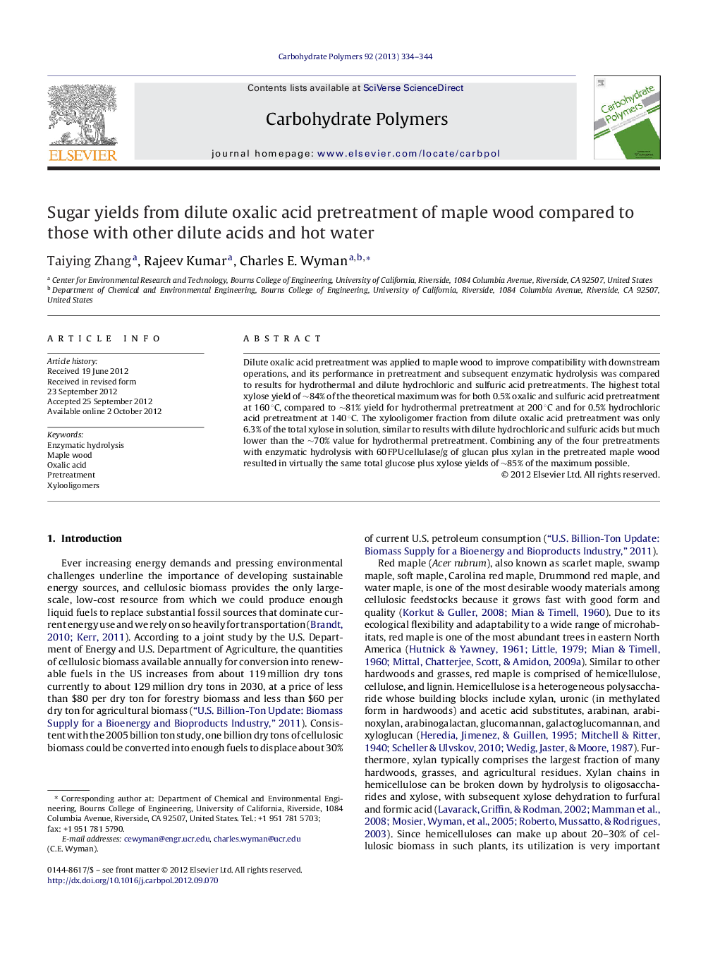 Sugar yields from dilute oxalic acid pretreatment of maple wood compared to those with other dilute acids and hot water