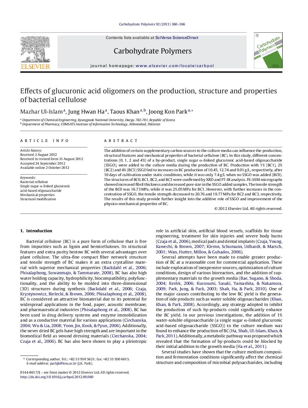 Effects of glucuronic acid oligomers on the production, structure and properties of bacterial cellulose