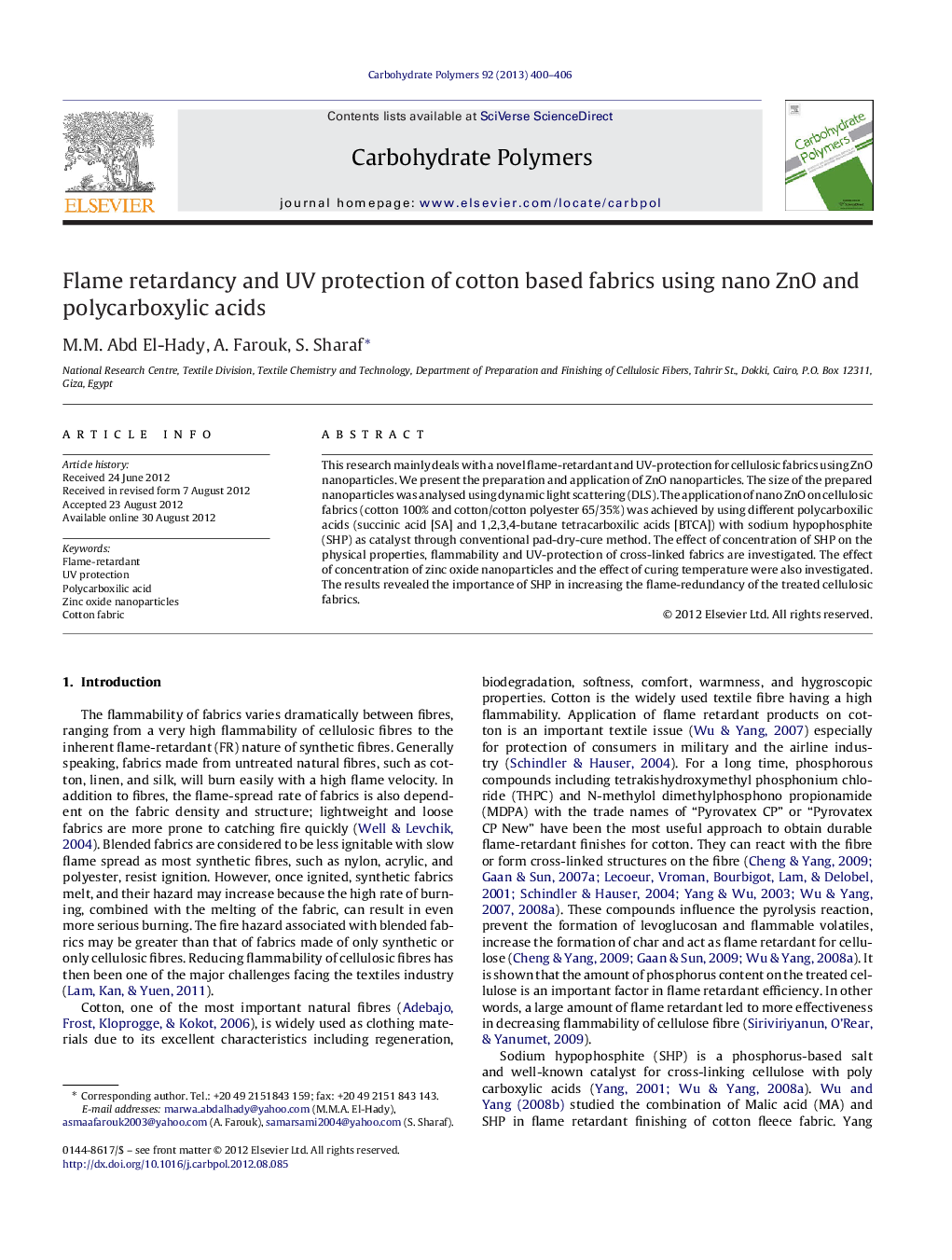 Flame retardancy and UV protection of cotton based fabrics using nano ZnO and polycarboxylic acids