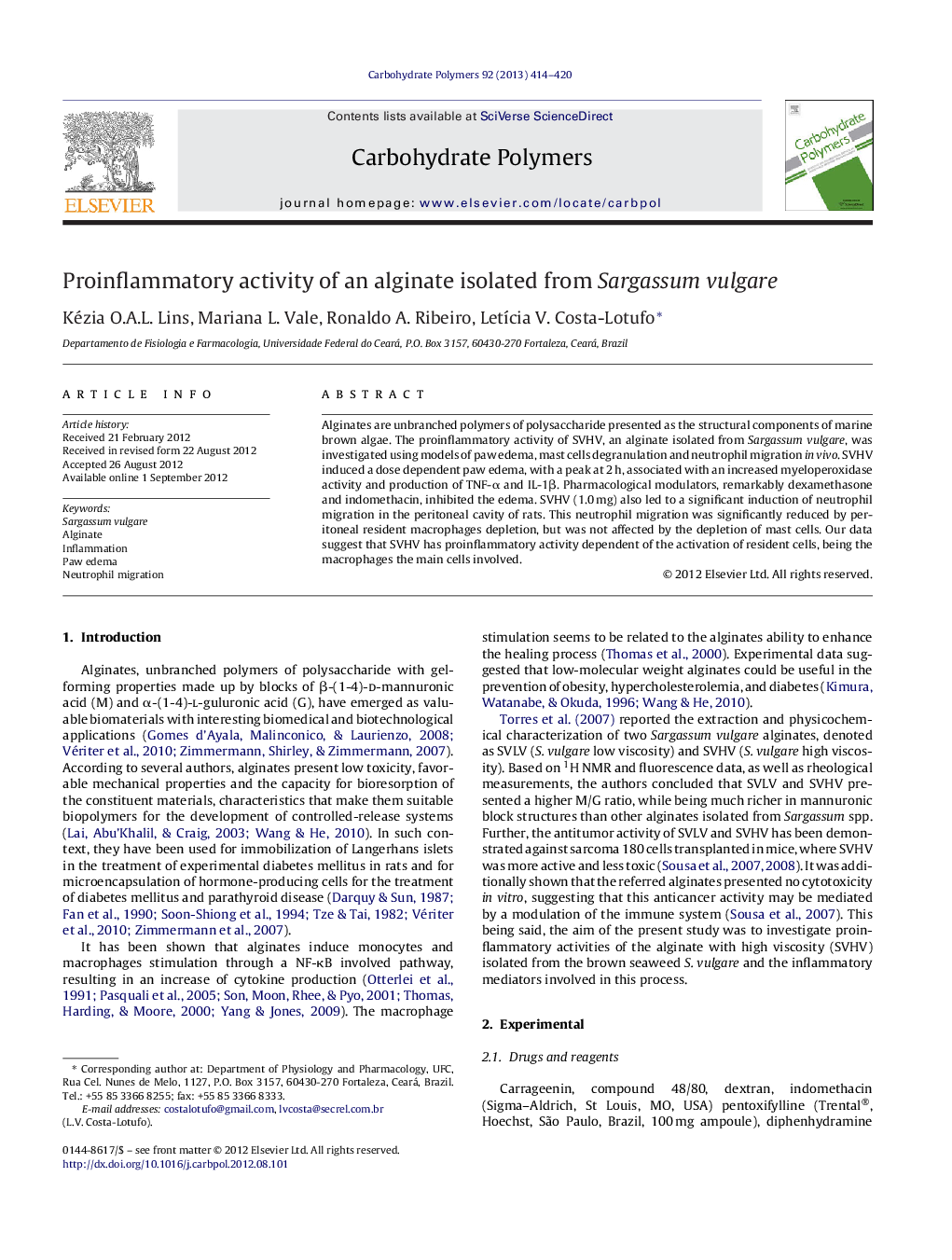 Proinflammatory activity of an alginate isolated from Sargassum vulgare