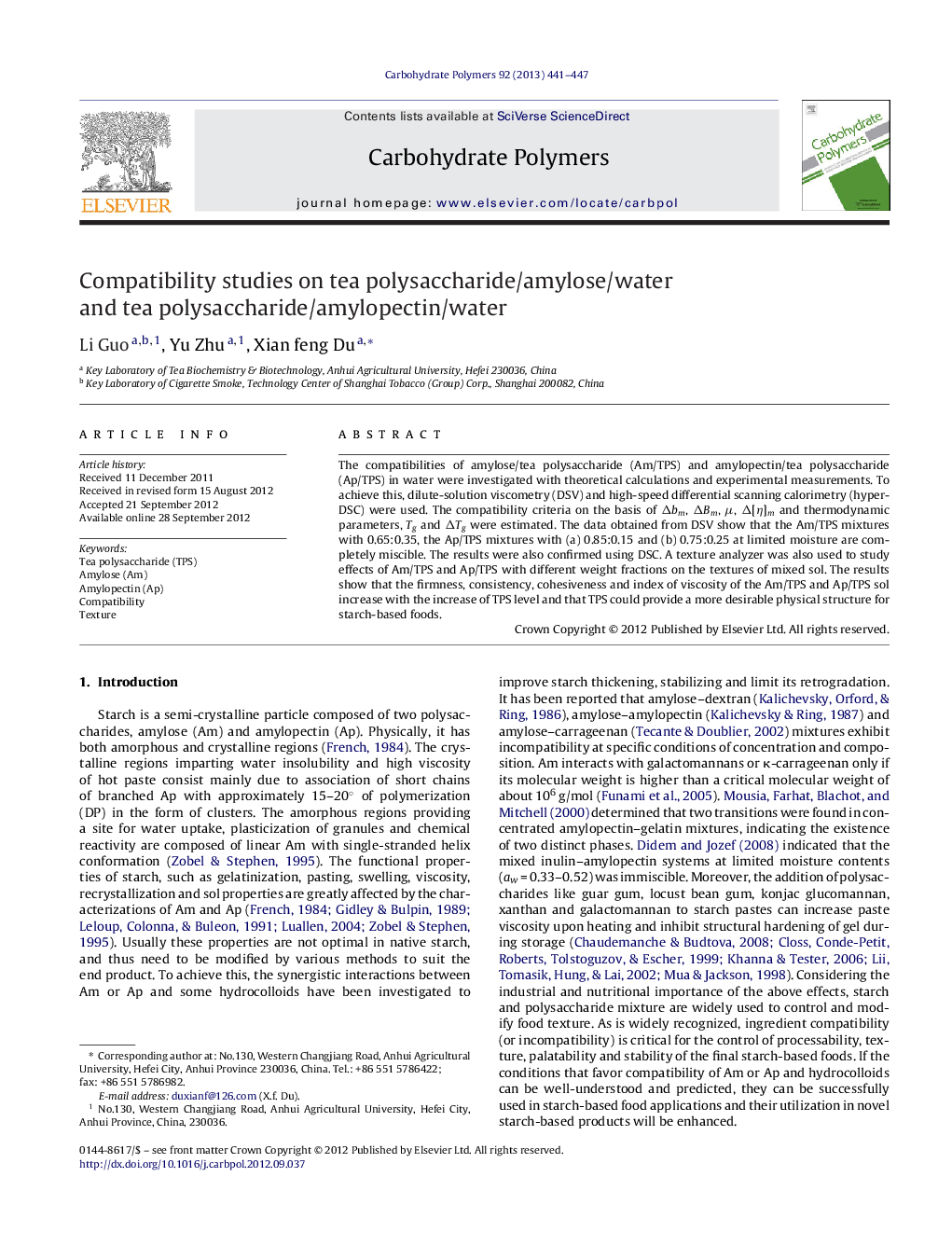 Compatibility studies on tea polysaccharide/amylose/water and tea polysaccharide/amylopectin/water