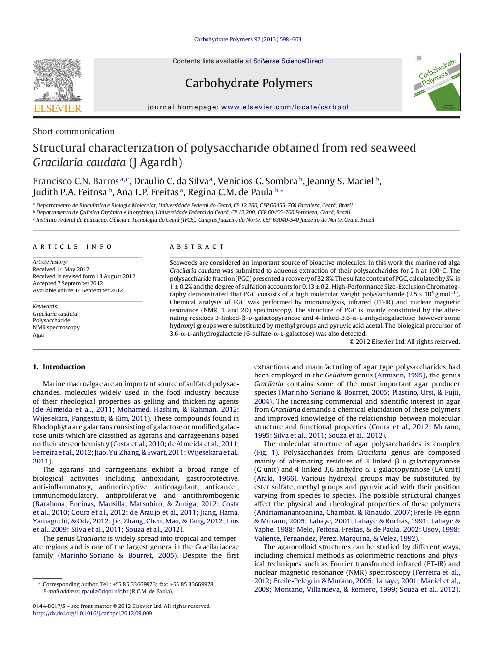 Structural characterization of polysaccharide obtained from red seaweed Gracilaria caudata (J Agardh)