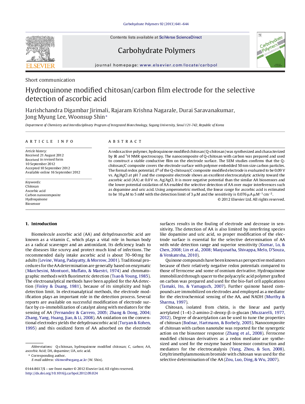 Hydroquinone modified chitosan/carbon film electrode for the selective detection of ascorbic acid