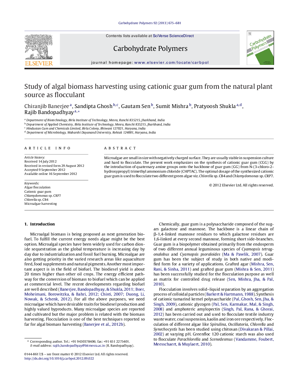 Study of algal biomass harvesting using cationic guar gum from the natural plant source as flocculant