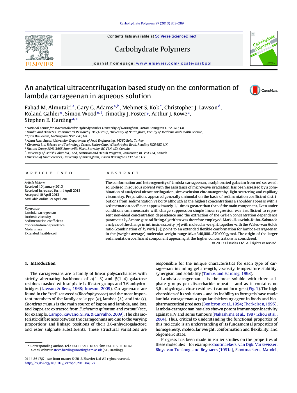 An analytical ultracentrifugation based study on the conformation of lambda carrageenan in aqueous solution