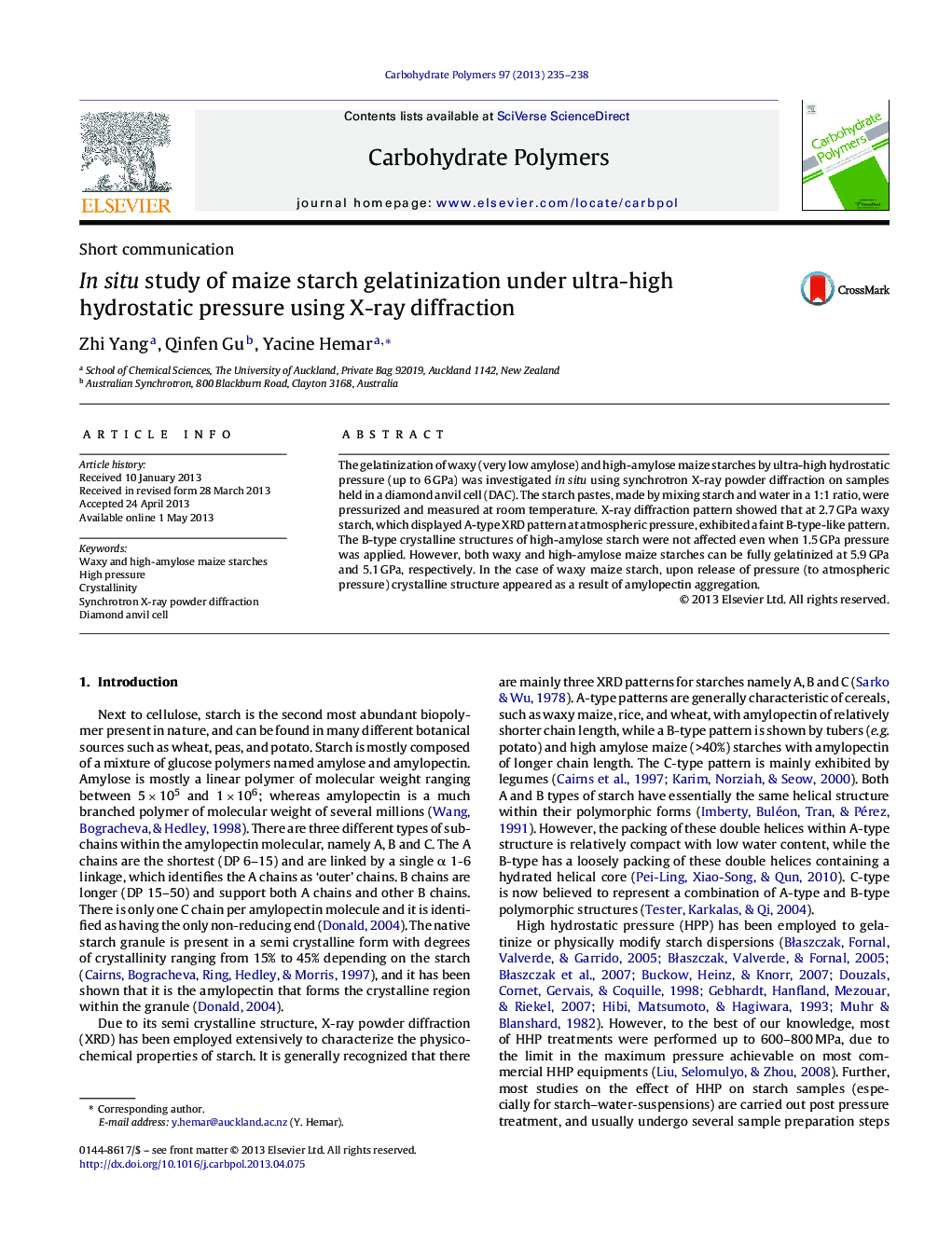 In situ study of maize starch gelatinization under ultra-high hydrostatic pressure using X-ray diffraction