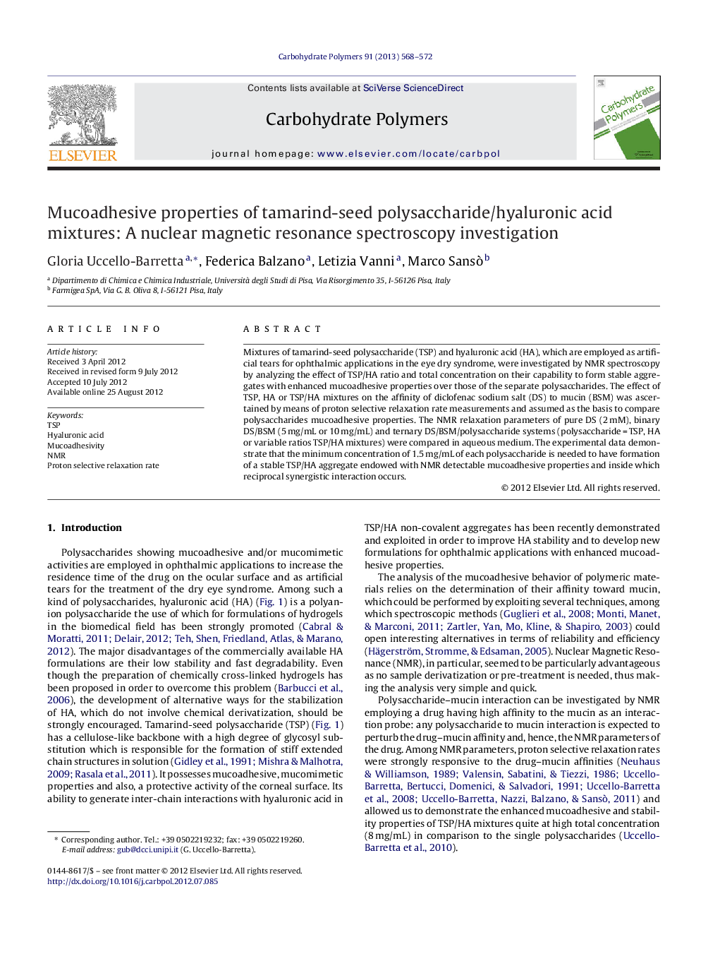 Mucoadhesive properties of tamarind-seed polysaccharide/hyaluronic acid mixtures: A nuclear magnetic resonance spectroscopy investigation