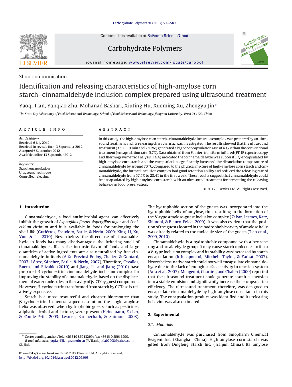 Identification and releasing characteristics of high-amylose corn starch-cinnamaldehyde inclusion complex prepared using ultrasound treatment