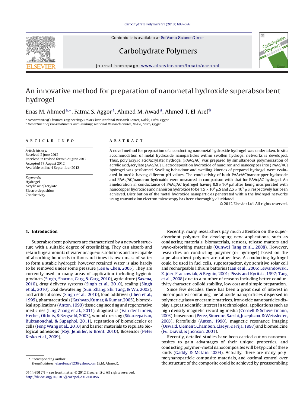 An innovative method for preparation of nanometal hydroxide superabsorbent hydrogel