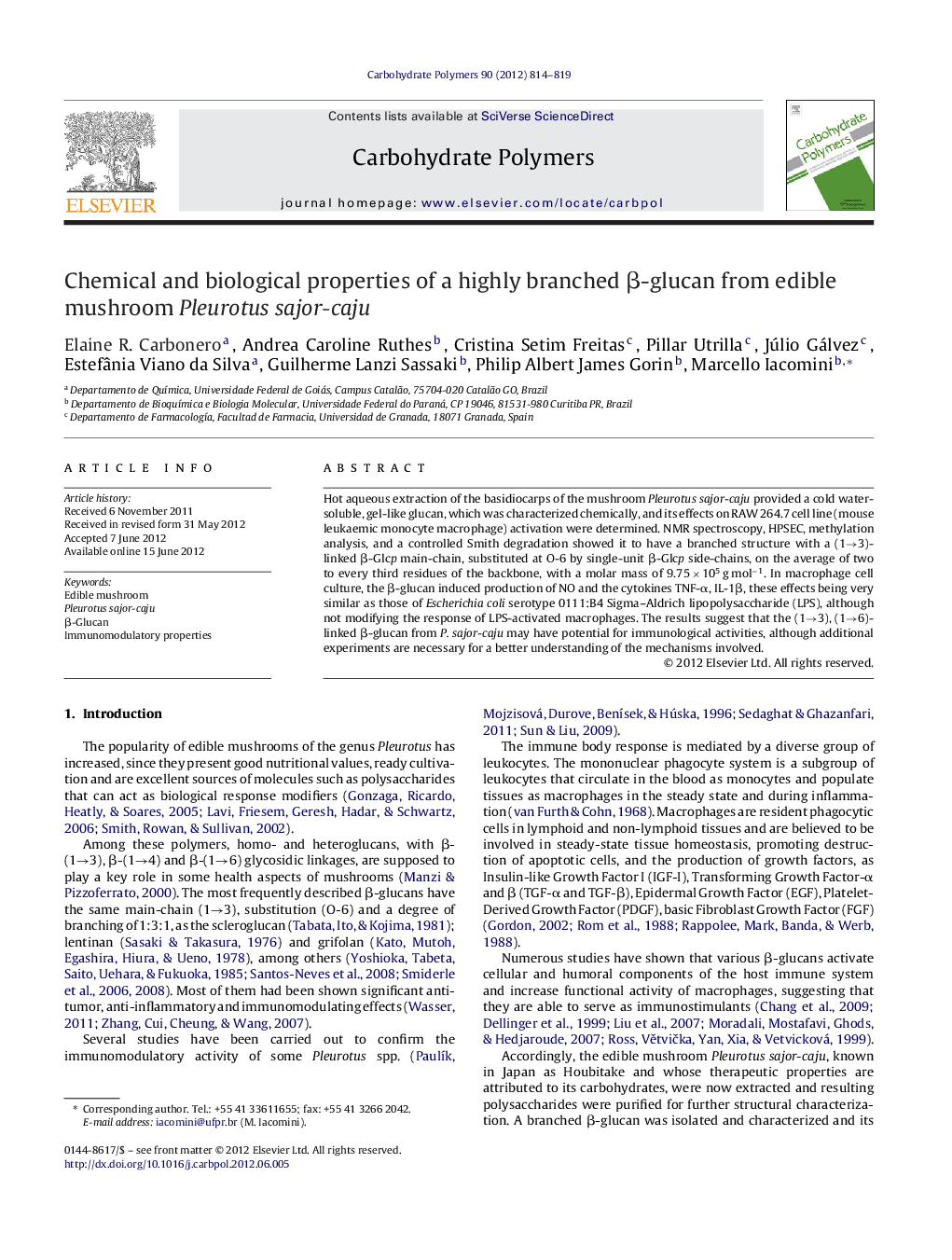 Chemical and biological properties of a highly branched Î²-glucan from edible mushroom Pleurotus sajor-caju