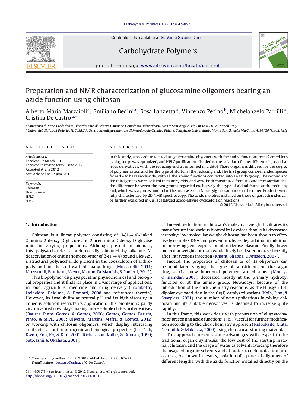 Preparation and NMR characterization of glucosamine oligomers bearing an azide function using chitosan
