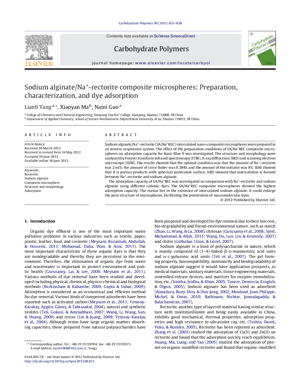 Sodium alginate/Na+-rectorite composite microspheres: Preparation, characterization, and dye adsorption