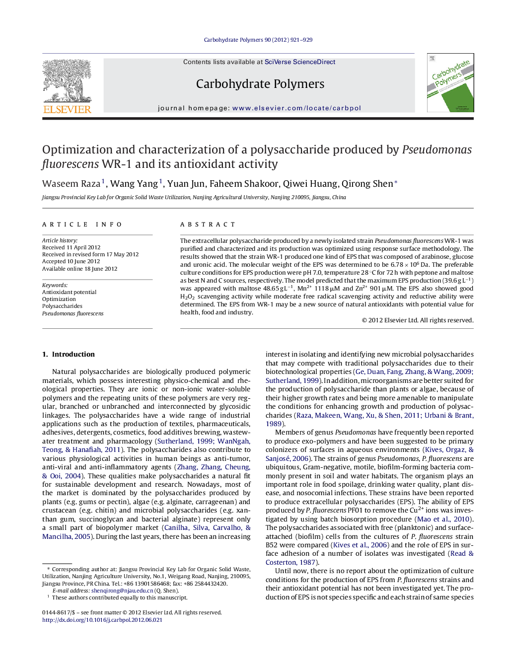 Optimization and characterization of a polysaccharide produced by Pseudomonas fluorescens WR-1 and its antioxidant activity