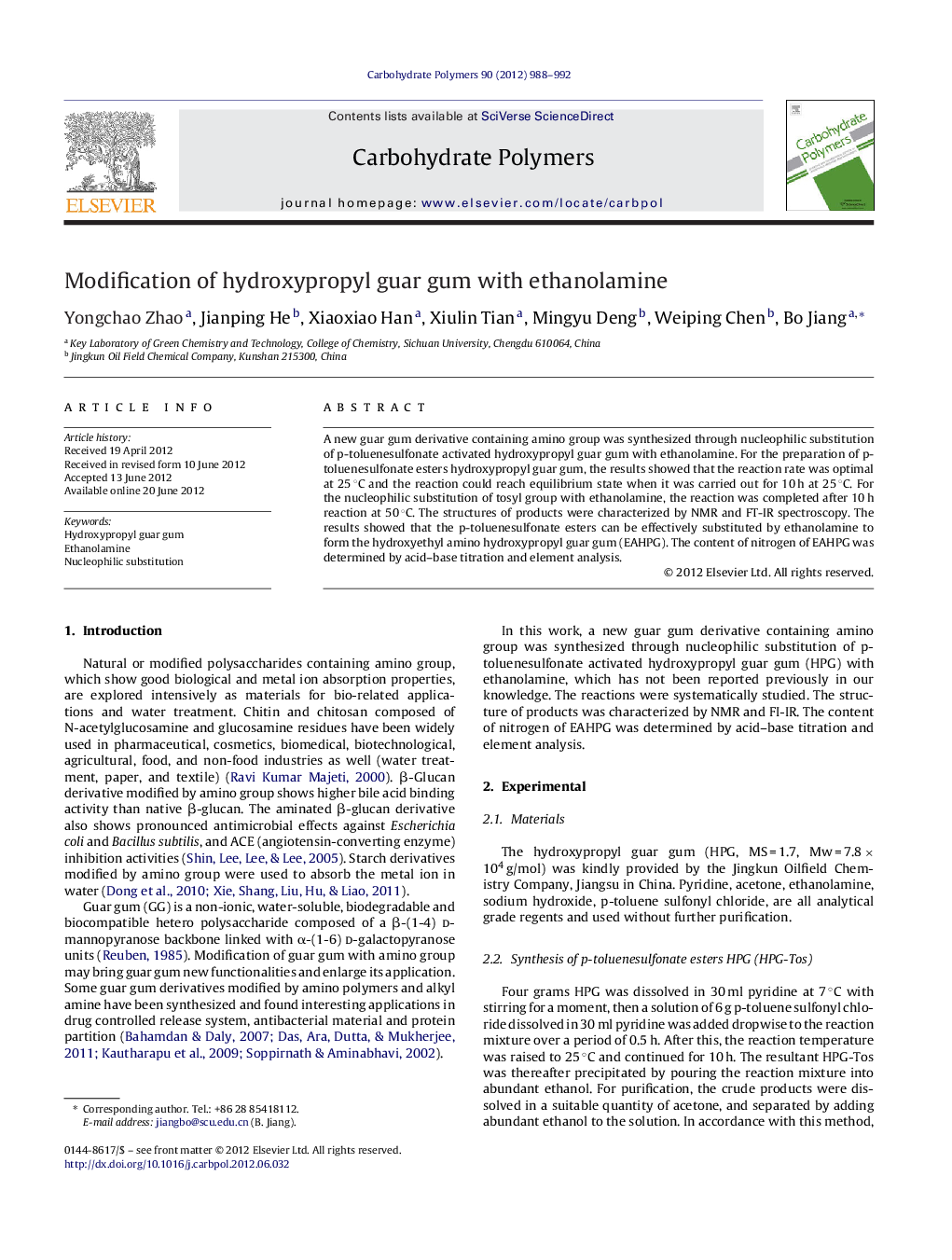 Modification of hydroxypropyl guar gum with ethanolamine