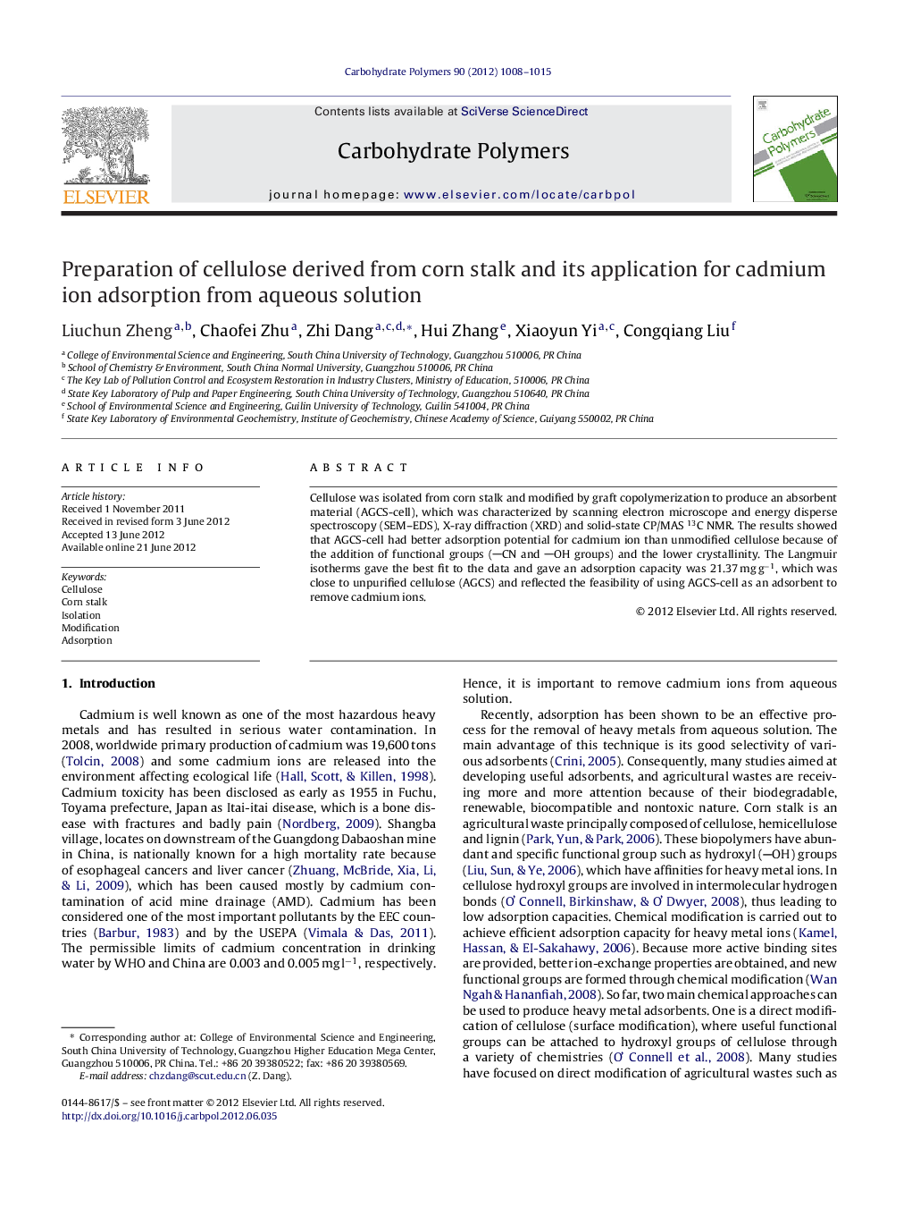 Preparation of cellulose derived from corn stalk and its application for cadmium ion adsorption from aqueous solution