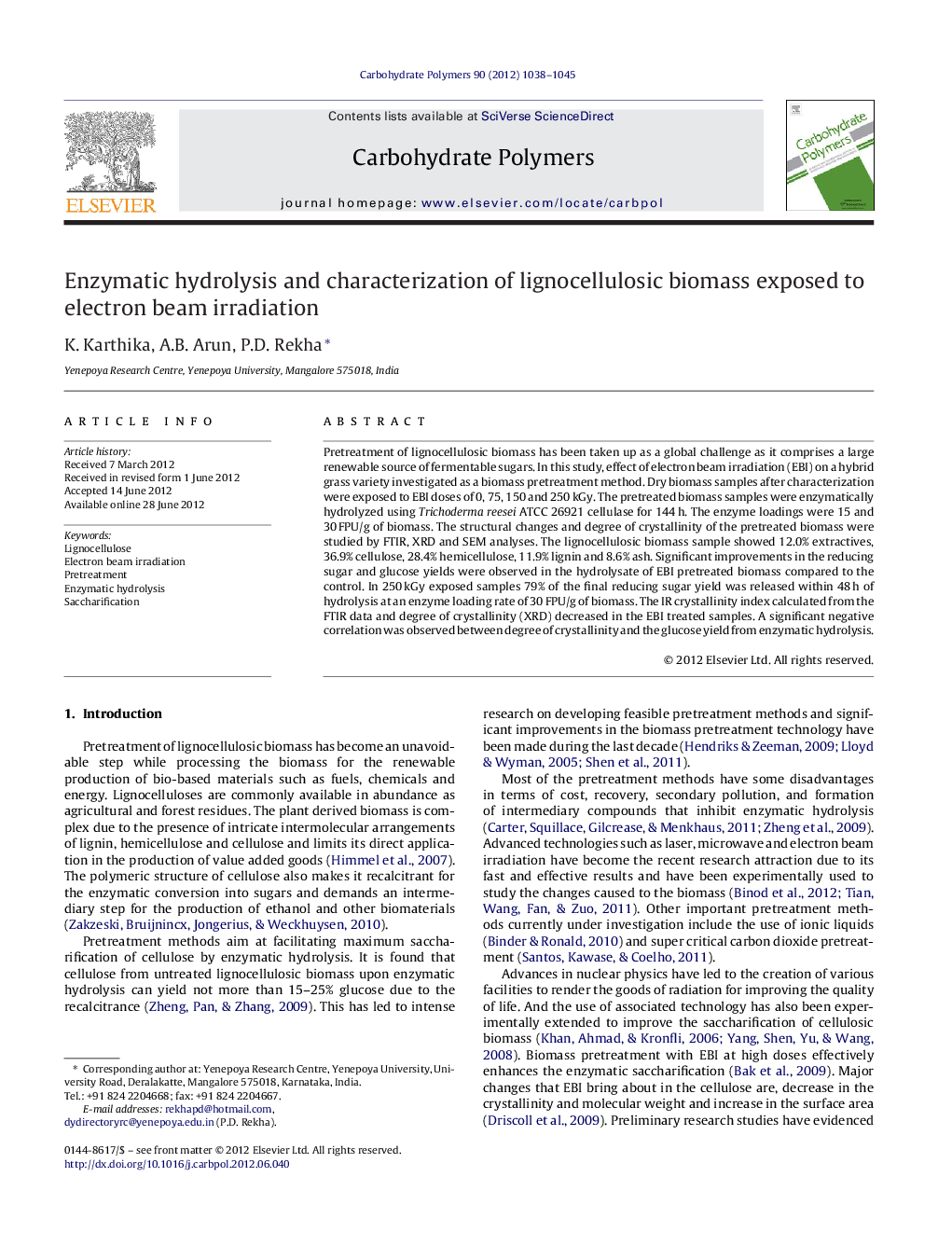 Enzymatic hydrolysis and characterization of lignocellulosic biomass exposed to electron beam irradiation