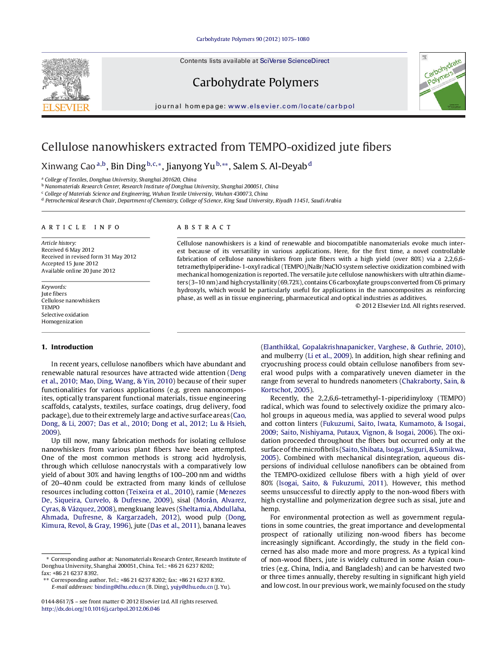 Cellulose nanowhiskers extracted from TEMPO-oxidized jute fibers