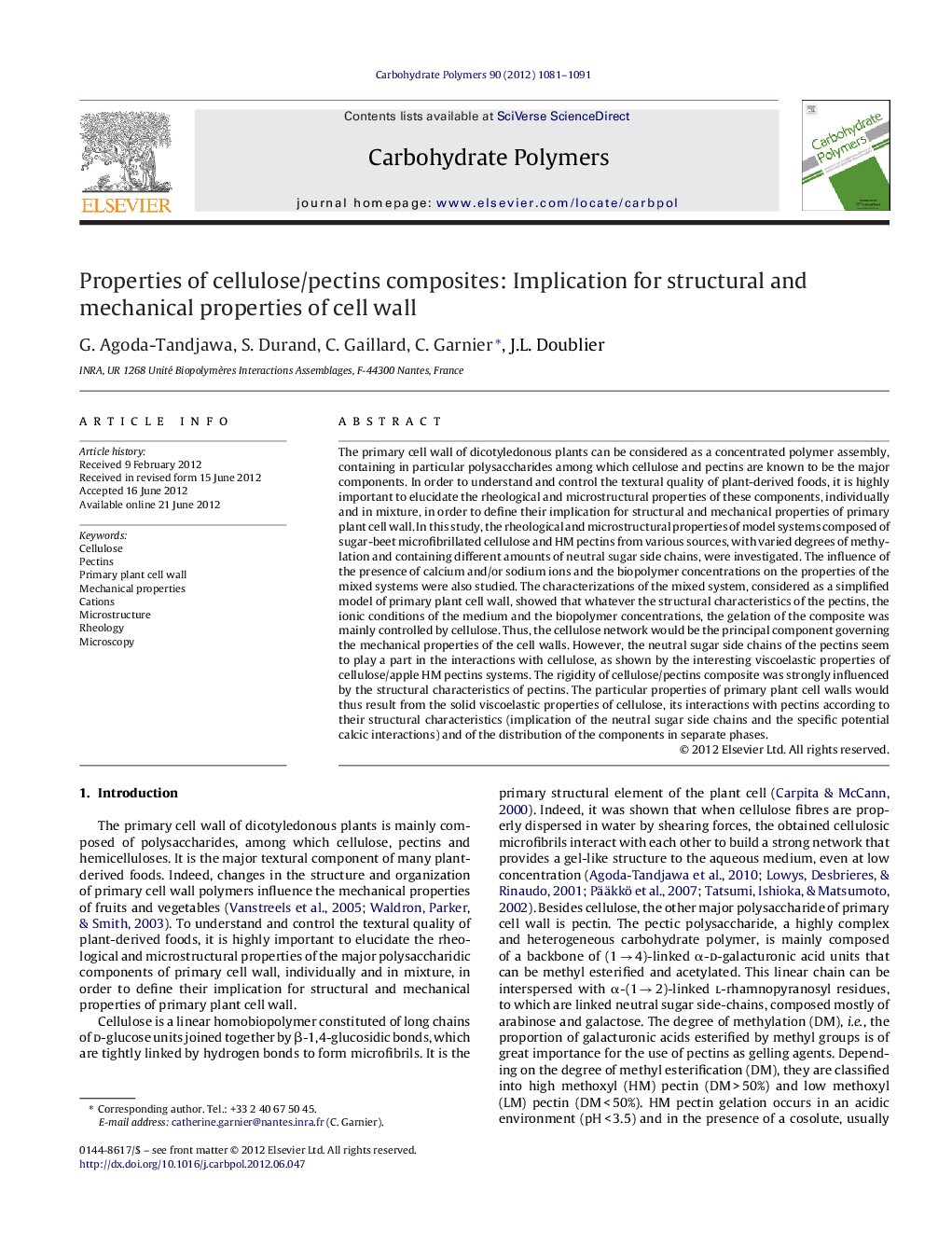 Properties of cellulose/pectins composites: Implication for structural and mechanical properties of cell wall