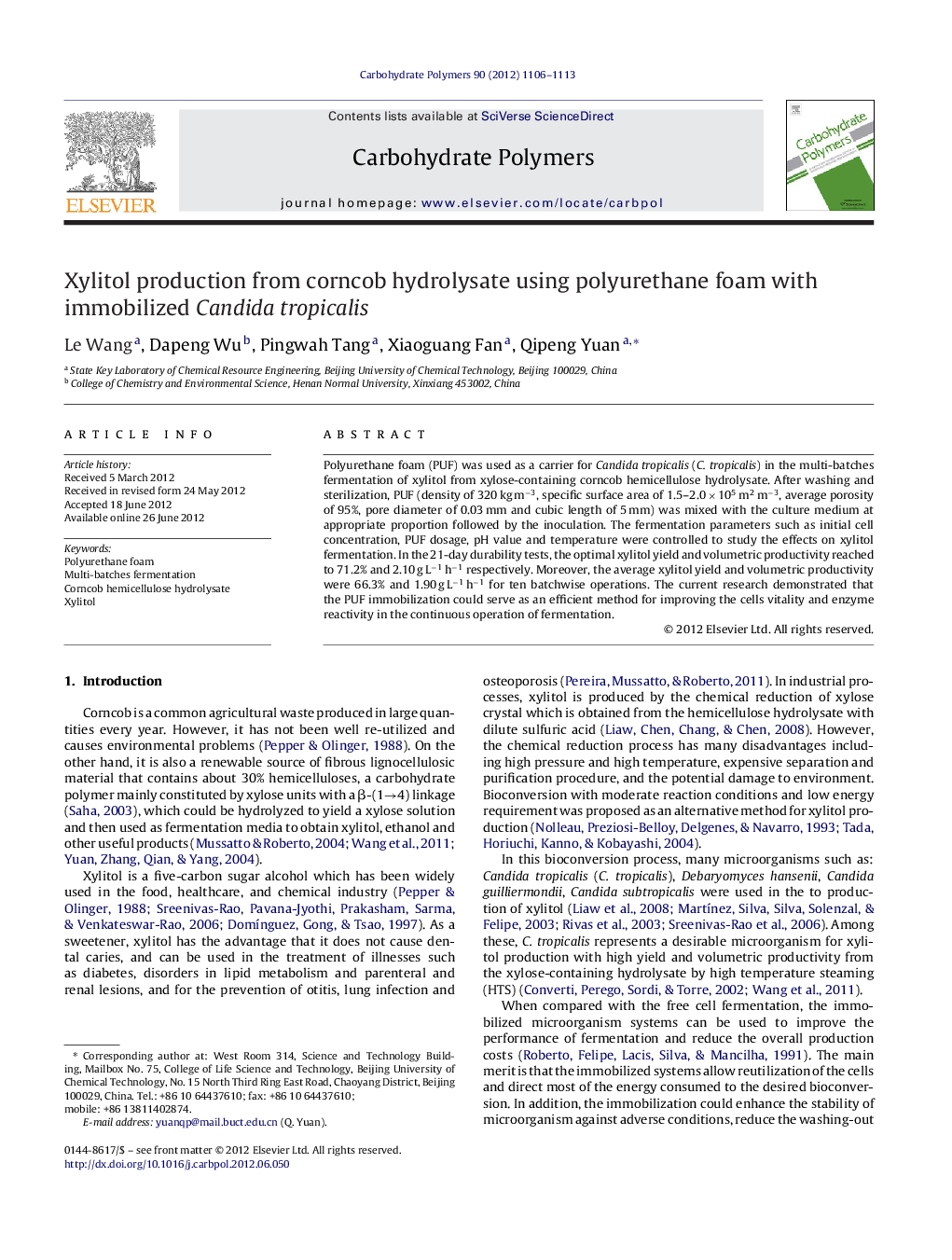 Xylitol production from corncob hydrolysate using polyurethane foam with immobilized Candida tropicalis