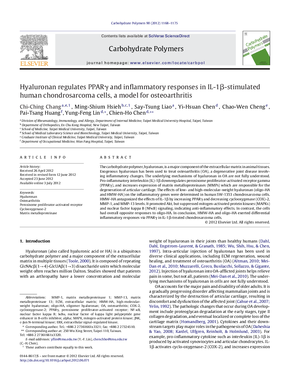 Hyaluronan regulates PPARÎ³ and inflammatory responses in IL-1Î²-stimulated human chondrosarcoma cells, a model for osteoarthritis