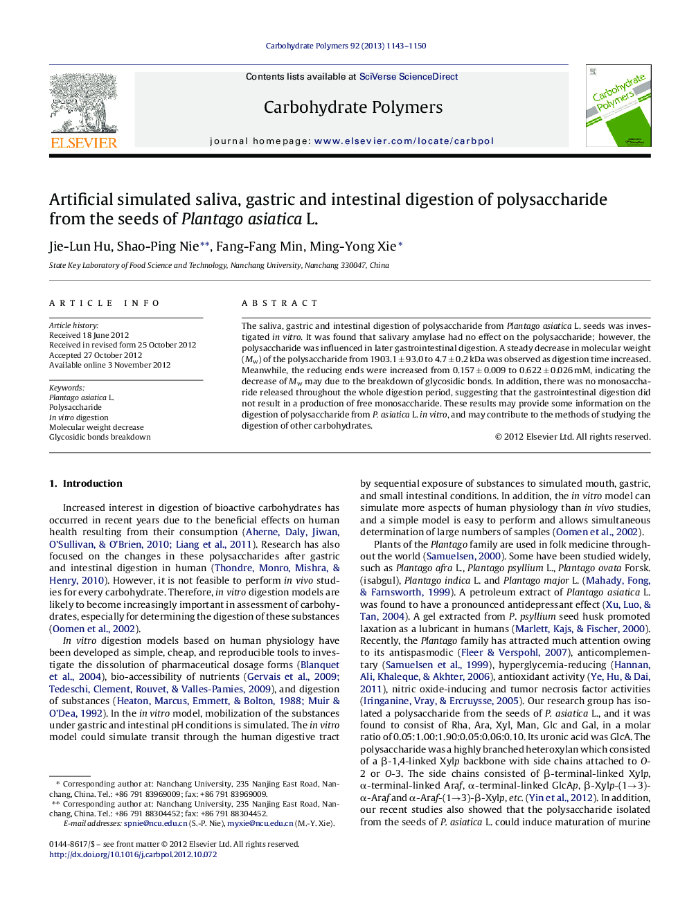 Artificial simulated saliva, gastric and intestinal digestion of polysaccharide from the seeds of Plantago asiatica L.